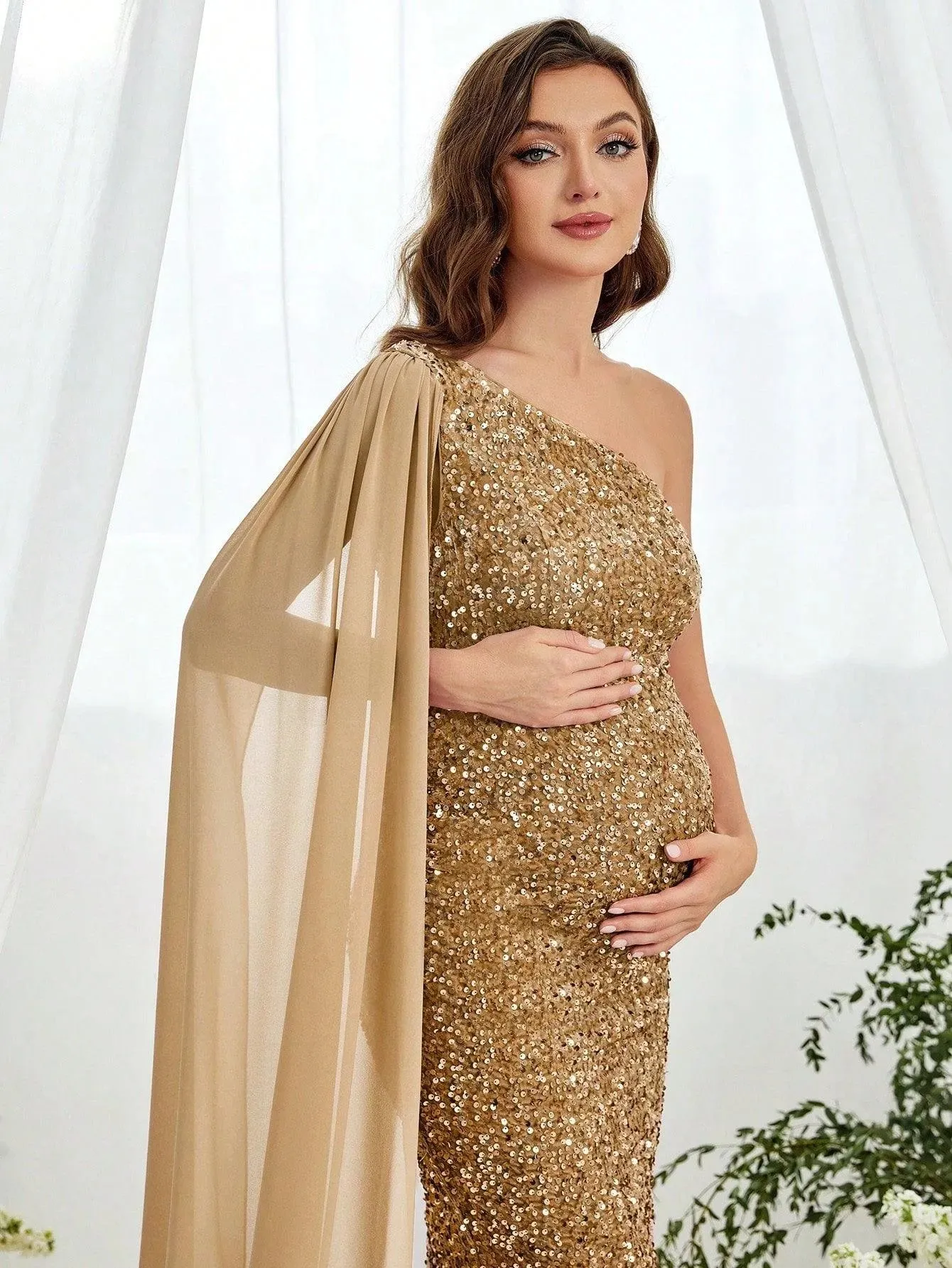 Maternity One Shoulder Draped Side Sequin Mermaid Dress