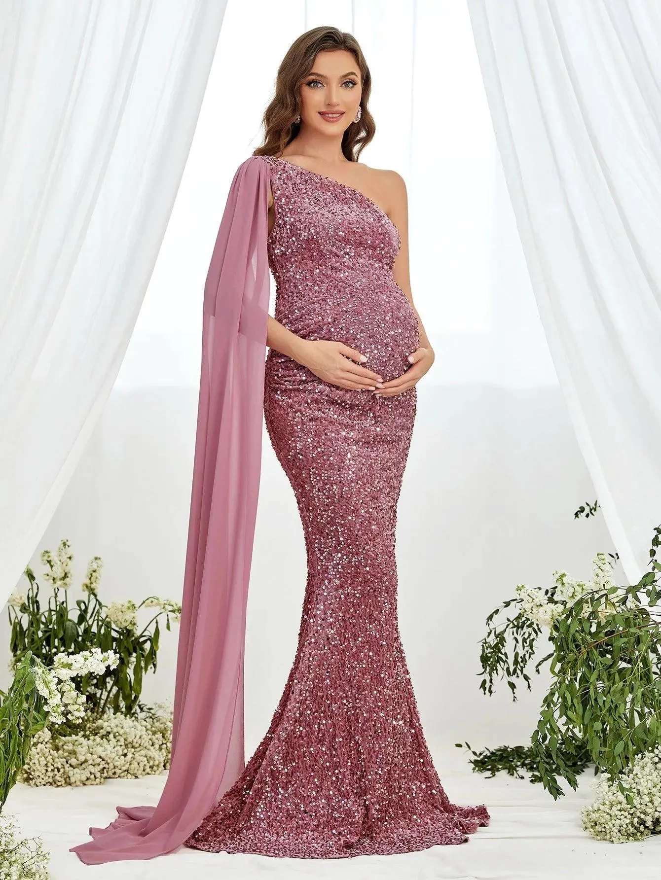 Maternity One Shoulder Draped Side Sequin Mermaid Dress