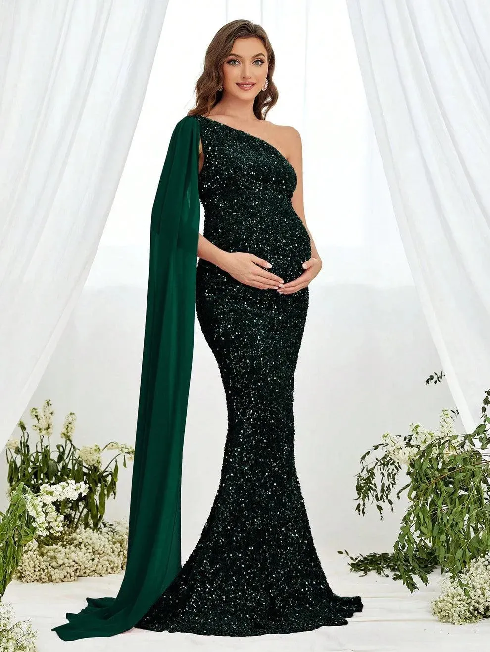 Maternity One Shoulder Draped Side Sequin Mermaid Dress