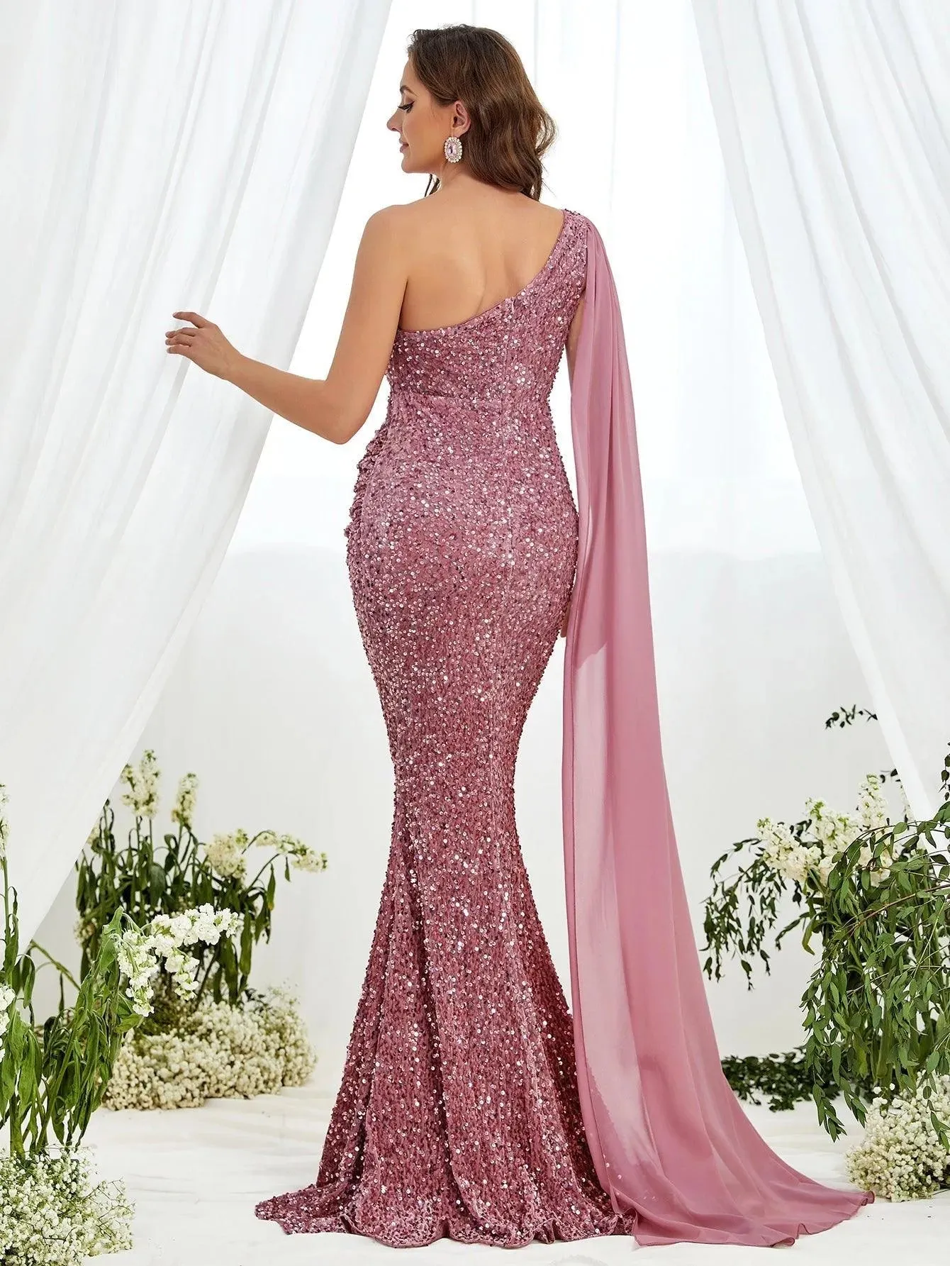 Maternity One Shoulder Draped Side Sequin Mermaid Dress