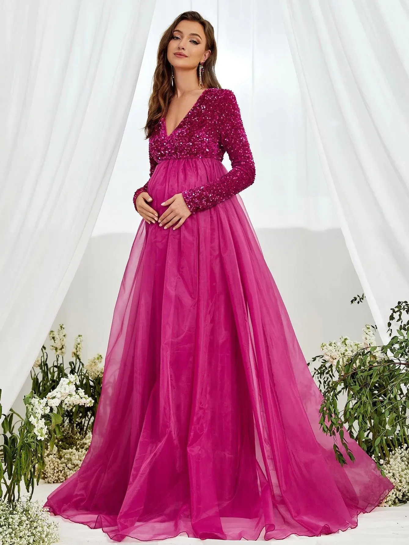 Maternity V Neck Long Sleeve Organza Hem Formal  Dress