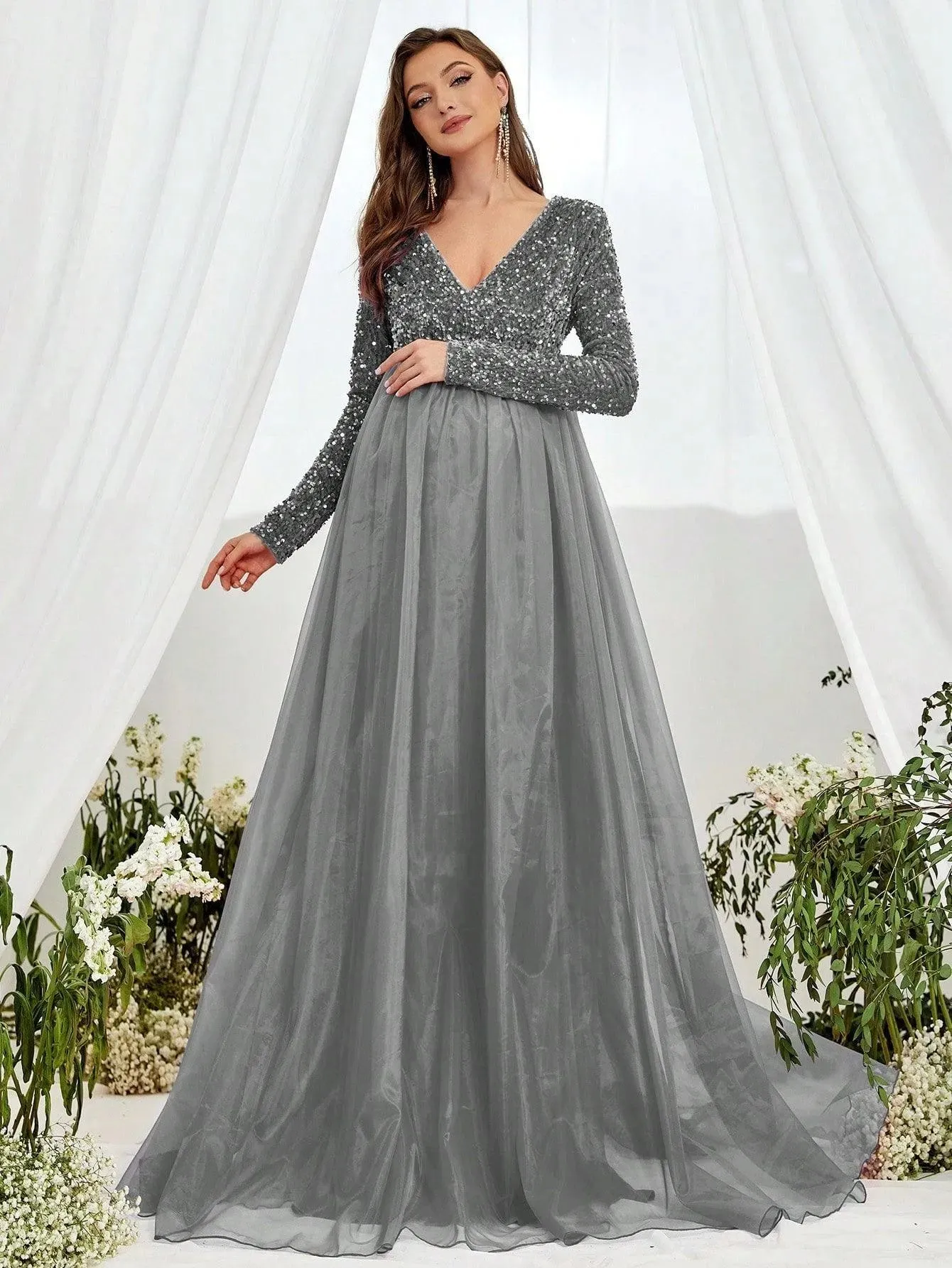 Maternity V Neck Long Sleeve Organza Hem Formal  Dress