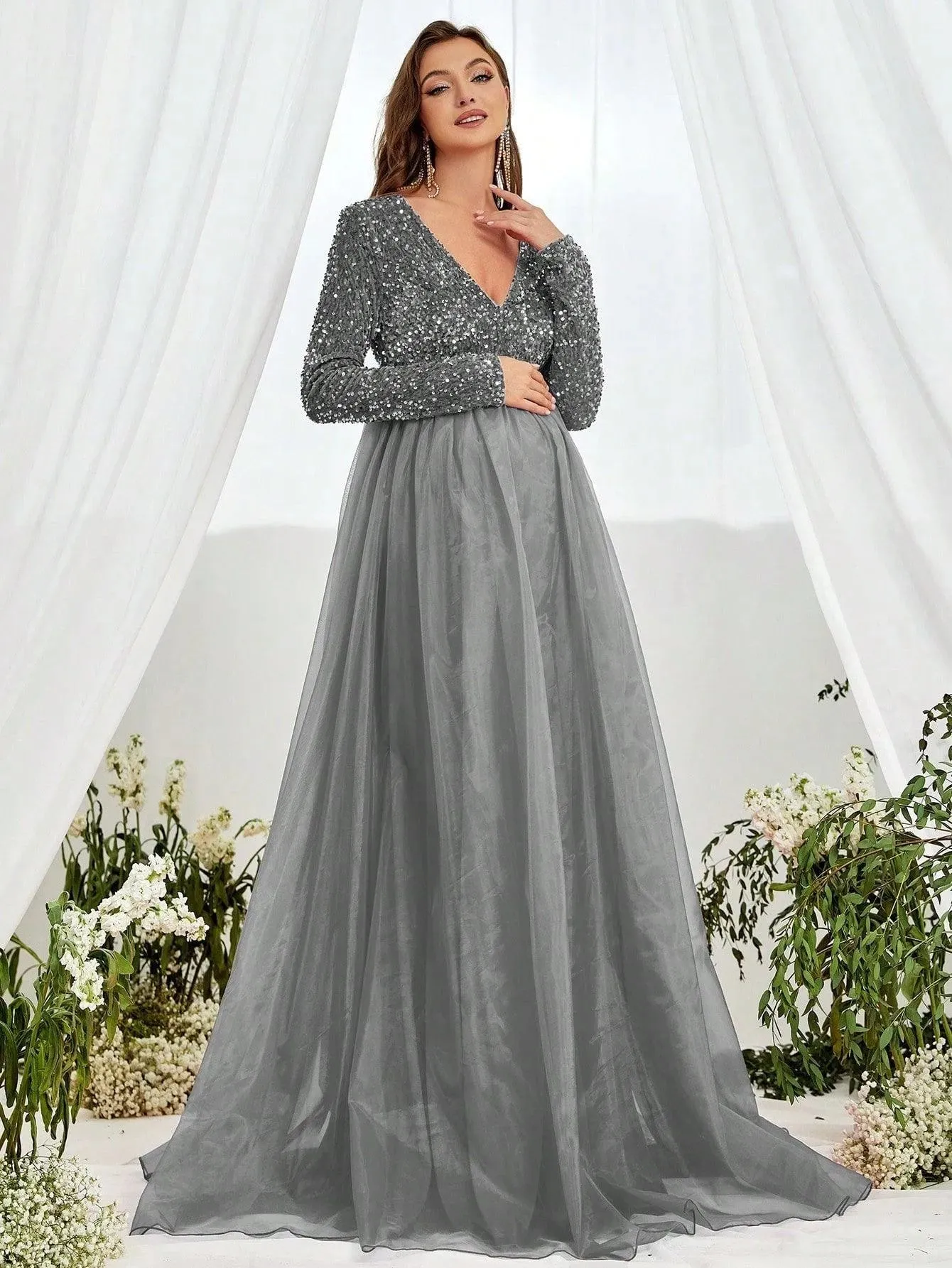 Maternity V Neck Long Sleeve Organza Hem Formal  Dress