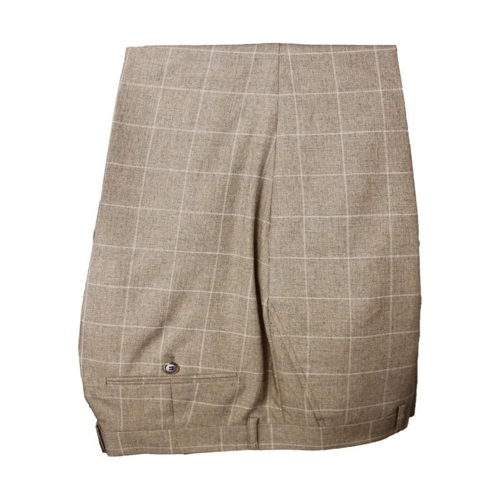 Men's Camel Stretch Windowpane Check Slim Fit Trousers