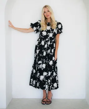 Mono Floral Cotton Puff Sleeve Midi Dress