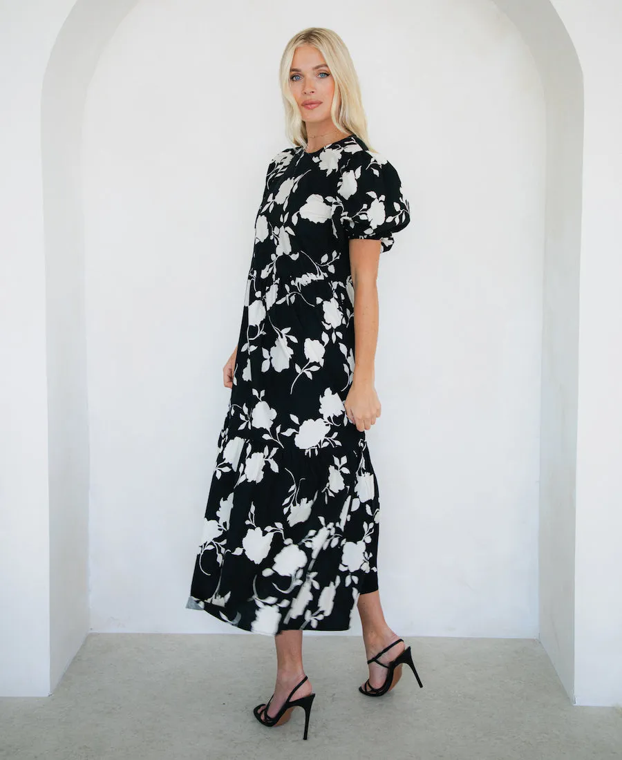 Mono Floral Cotton Puff Sleeve Midi Dress