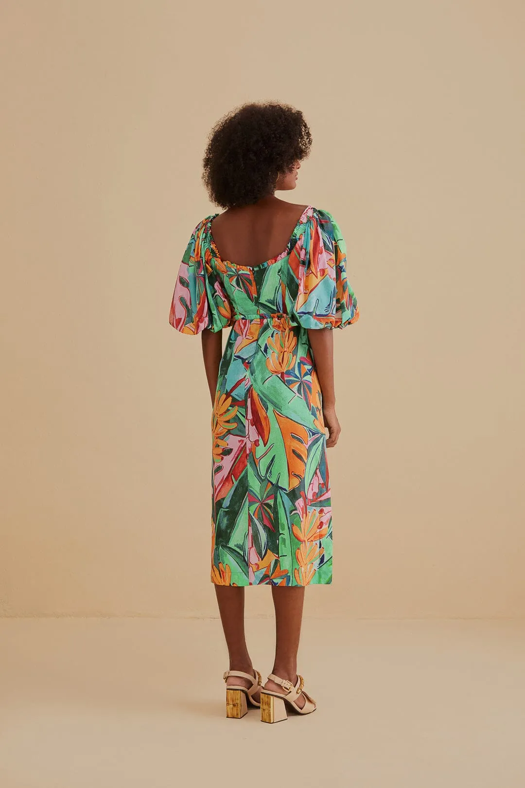 Multicolor Banana Foliage Puff Sleeve Midi Dress