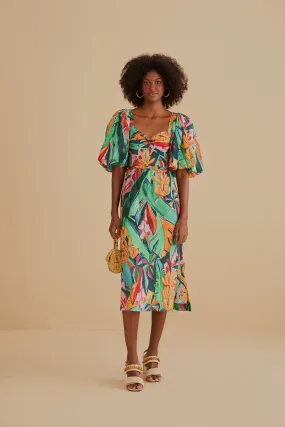 Multicolor Banana Foliage Puff Sleeve Midi Dress