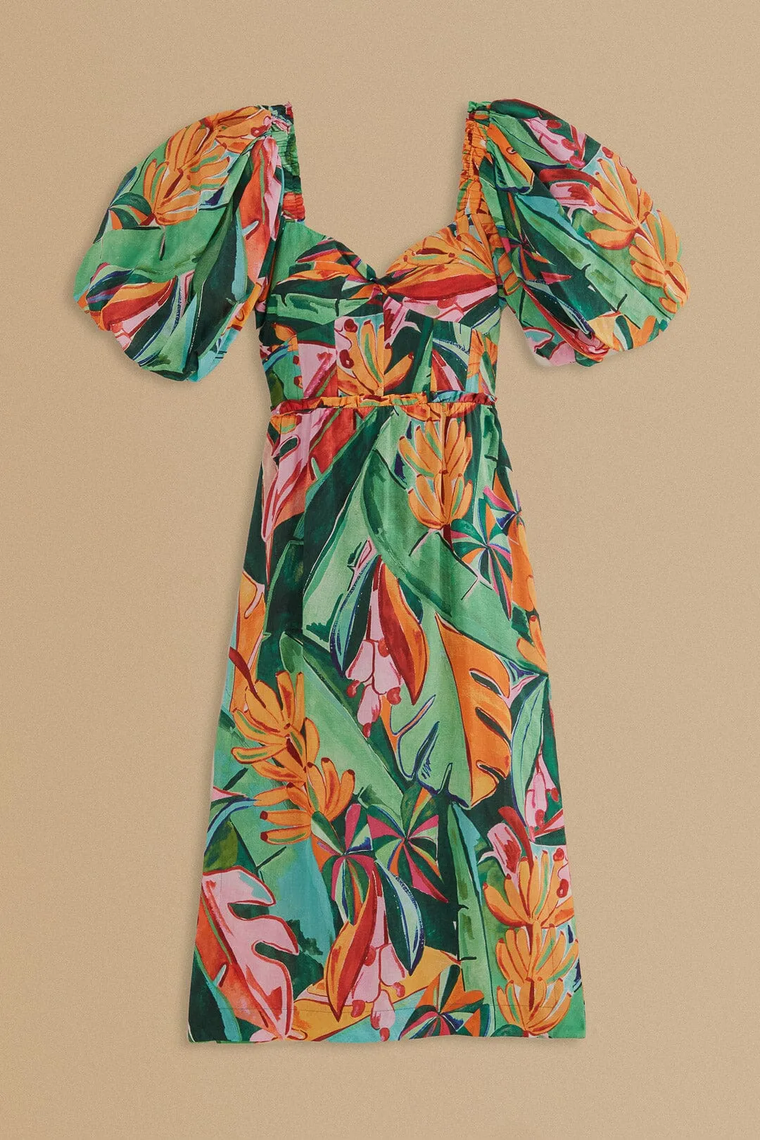 Multicolor Banana Foliage Puff Sleeve Midi Dress