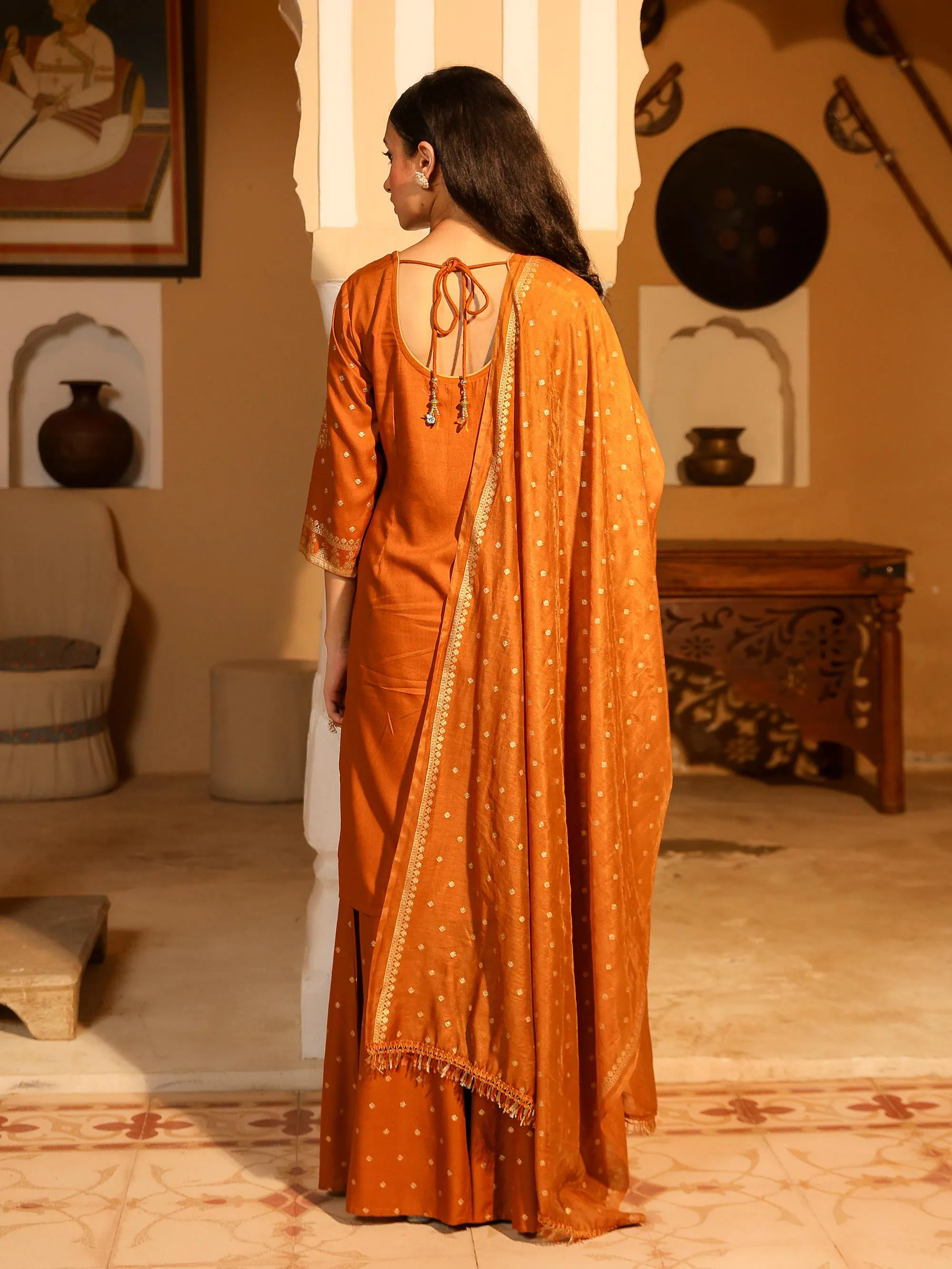 Mustard Ethnic Motif Printed Rayon Kurta Pant And Dupatta With Zari Work & Sequins