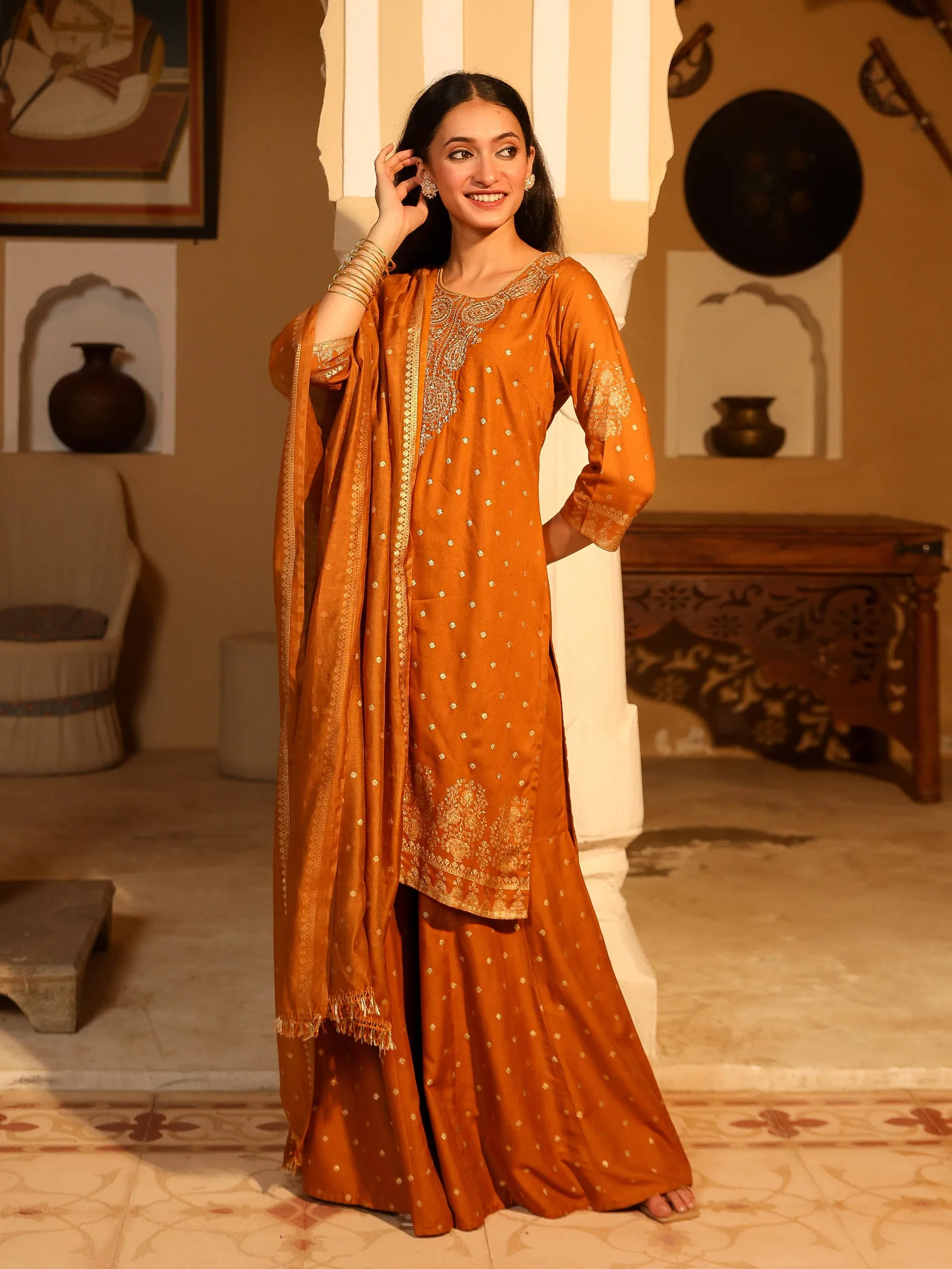 Mustard Ethnic Motif Printed Rayon Kurta Pant And Dupatta With Zari Work & Sequins