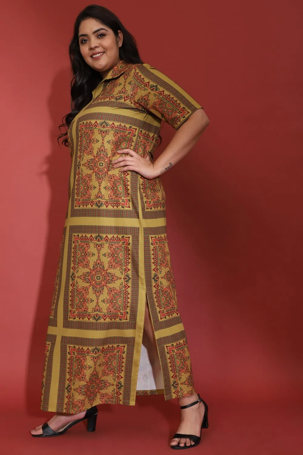 Mustard Ethnic Scarf Print Side Slit Long Dress