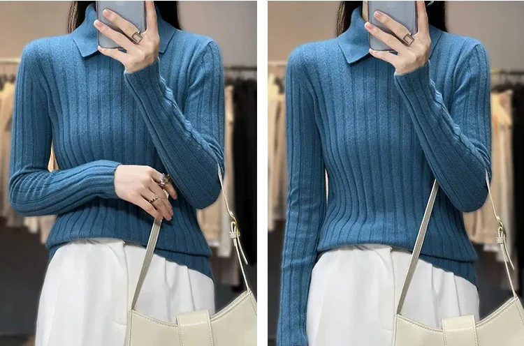 New Polo Collar Women's Knitted Sweater Long Sleeve Slim Fit Pullovers for Women Autumn Winter Sweaters Soft Warm Bottoming Tops