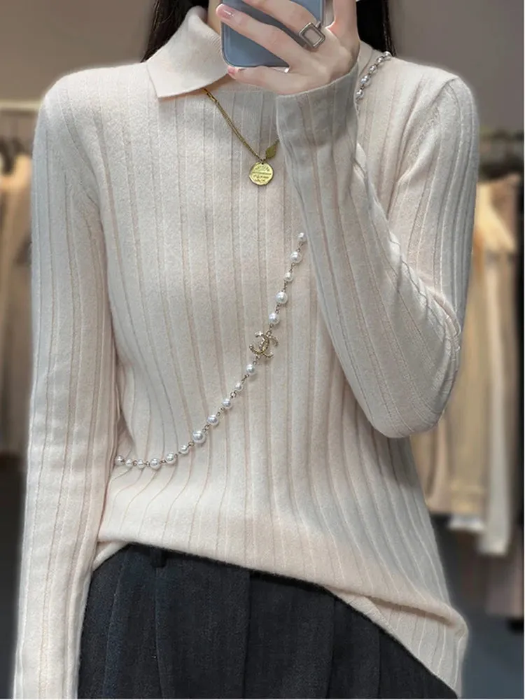 New Polo Collar Women's Knitted Sweater Long Sleeve Slim Fit Pullovers for Women Autumn Winter Sweaters Soft Warm Bottoming Tops