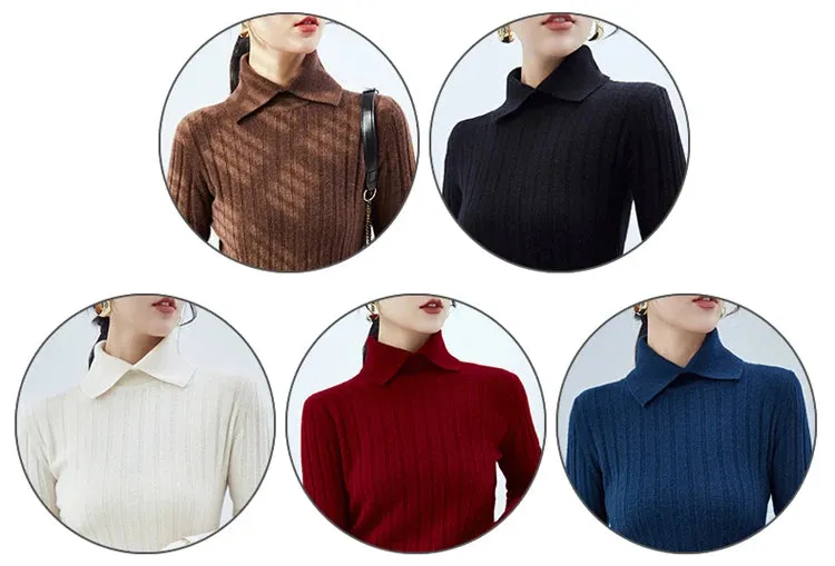 New Polo Collar Women's Knitted Sweater Long Sleeve Slim Fit Pullovers for Women Autumn Winter Sweaters Soft Warm Bottoming Tops