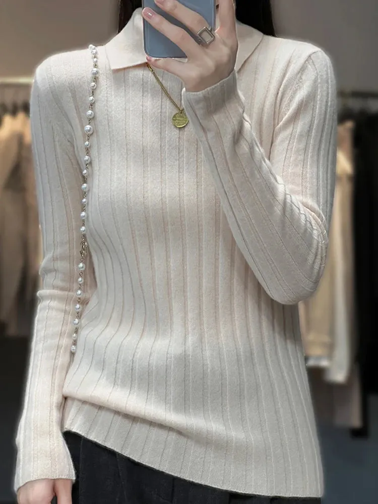 New Polo Collar Women's Knitted Sweater Long Sleeve Slim Fit Pullovers for Women Autumn Winter Sweaters Soft Warm Bottoming Tops