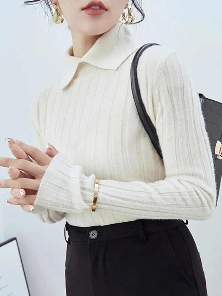 New Polo Collar Women's Knitted Sweater Long Sleeve Slim Fit Pullovers for Women Autumn Winter Sweaters Soft Warm Bottoming Tops