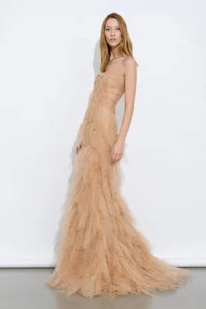 Nude Strapless Layered Tulle Gown