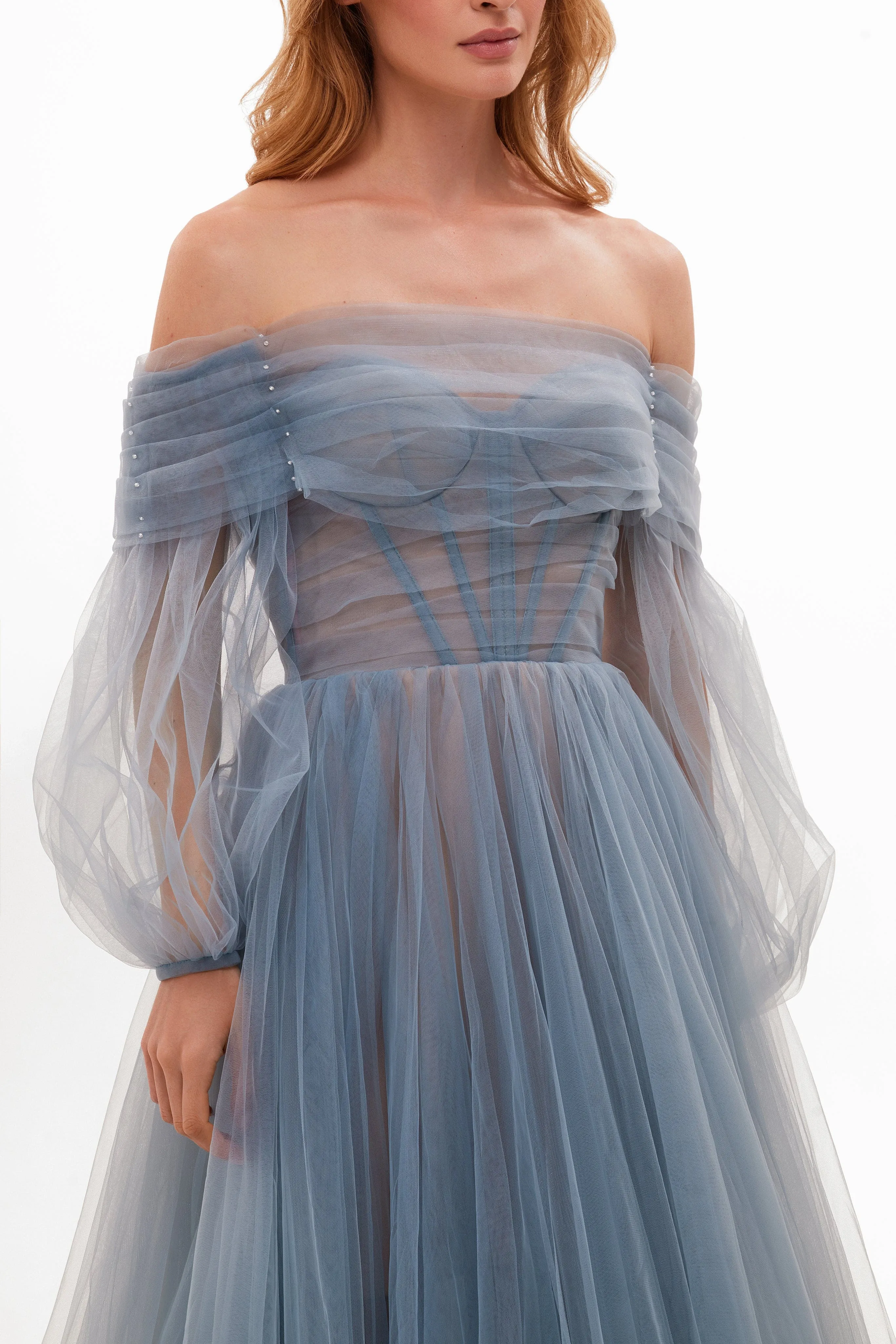 Ocean Wave Sheer Sleeves Maxi Tulle Dress