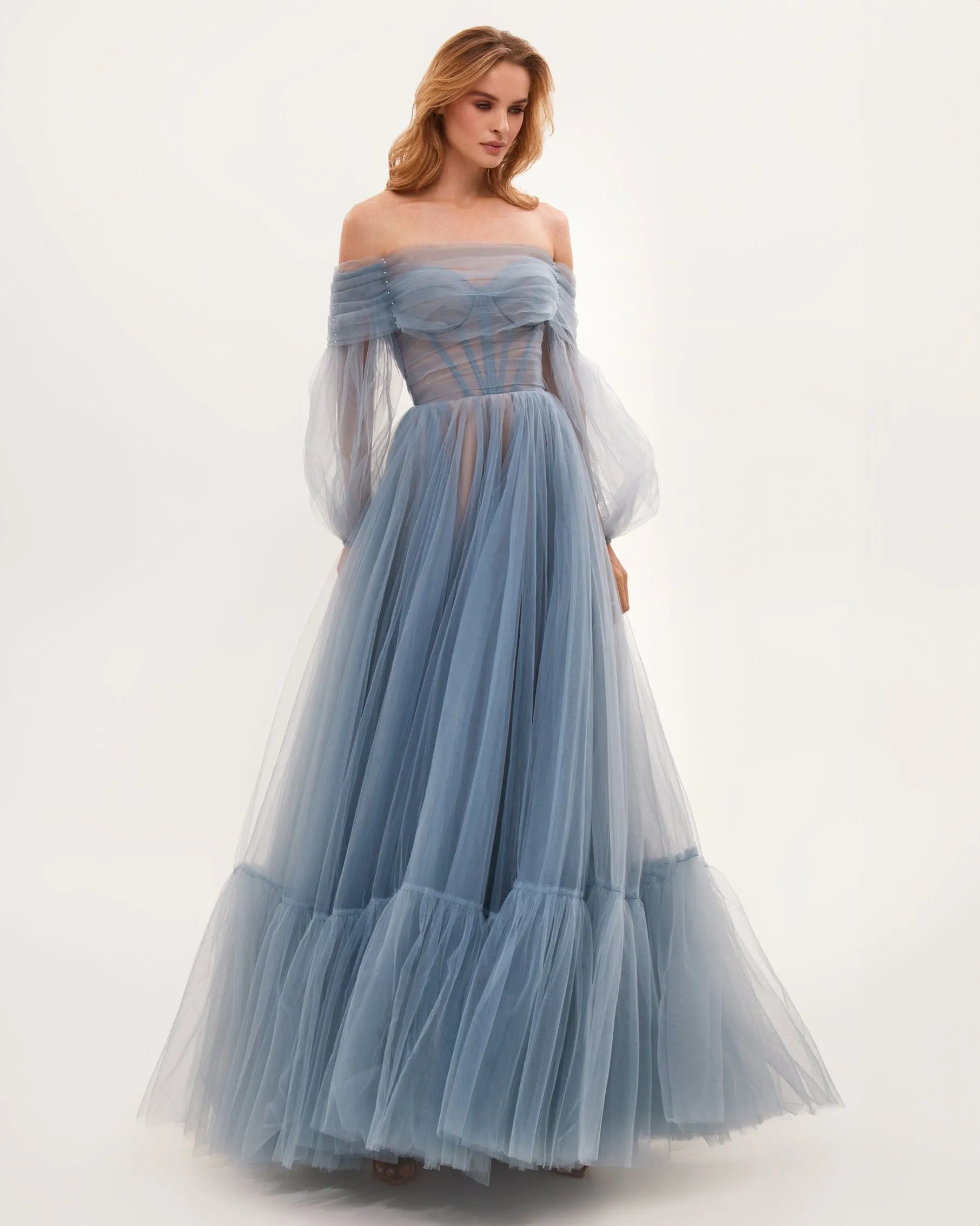 Ocean Wave Sheer Sleeves Maxi Tulle Dress