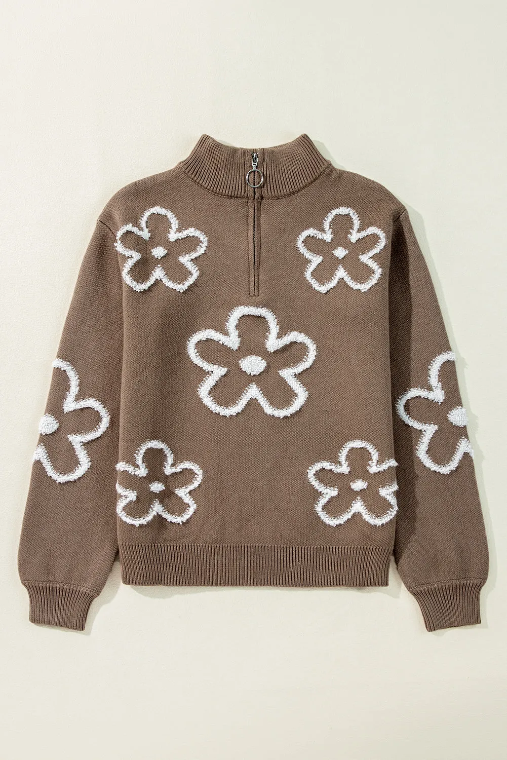 Parchment Contrast Flower Half Zipper Stand Neck Sweater