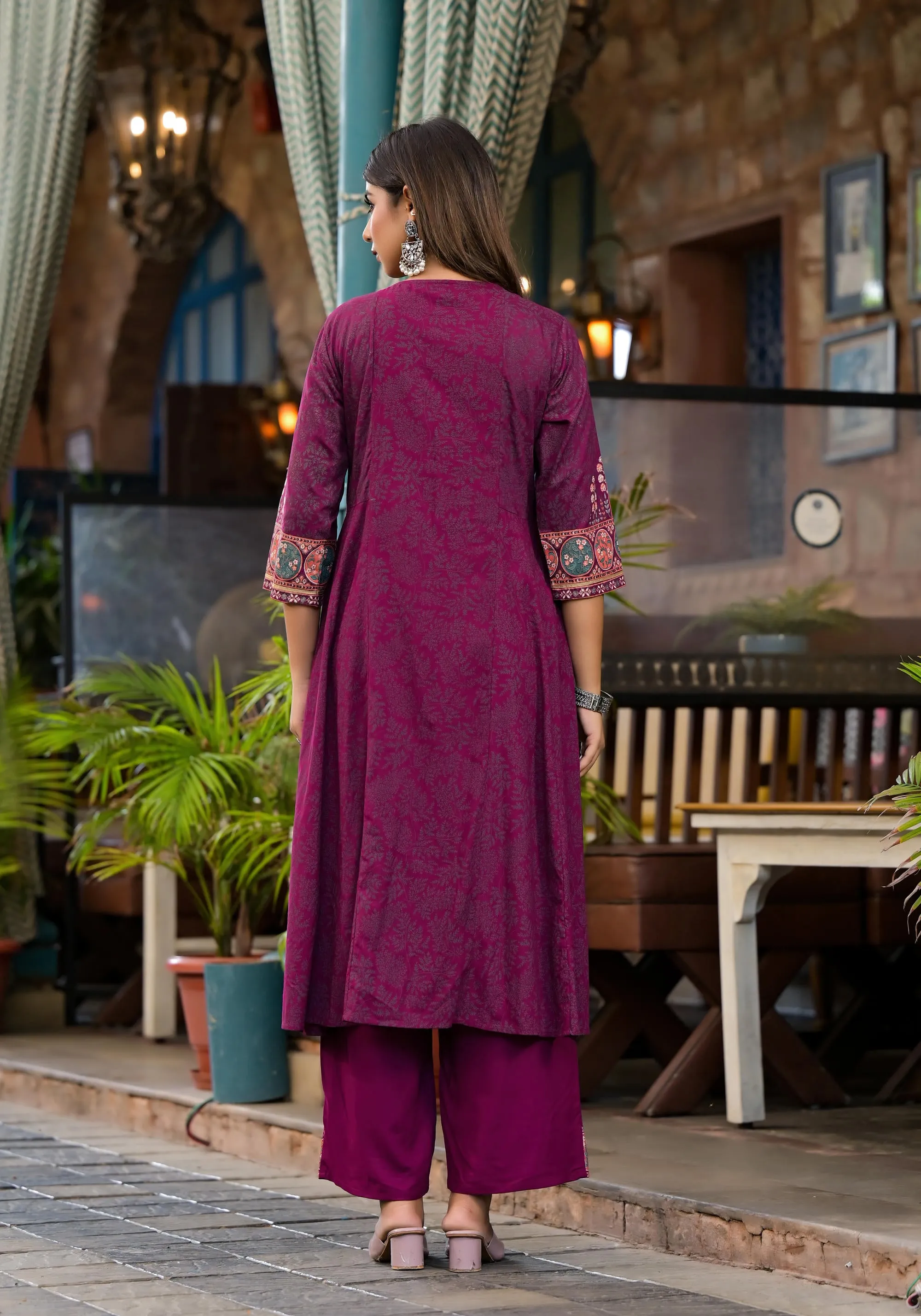 Plum Floral Printed Liva Rayon Kurta Pant And Dupatta Set With Thread Work Gota Patti & Beads