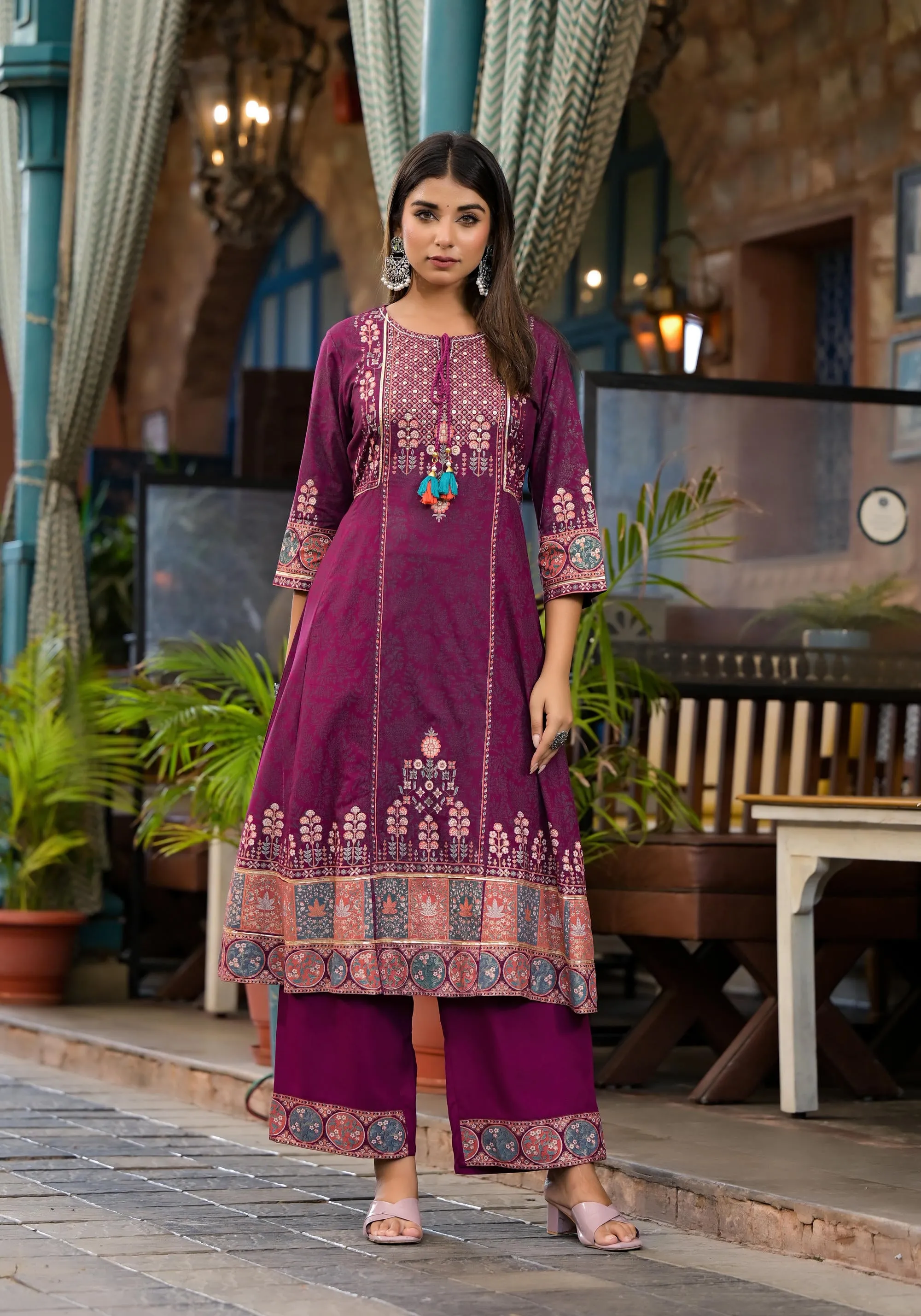 Plum Floral Printed Liva Rayon Kurta Pant And Dupatta Set With Thread Work Gota Patti & Beads