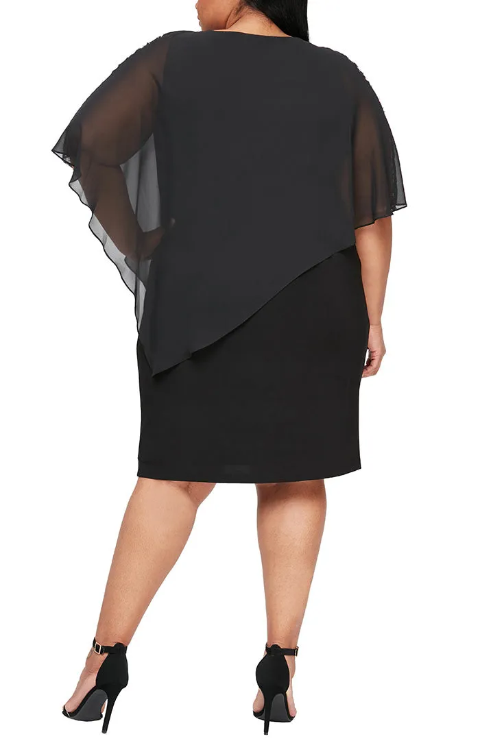 Plus - Jersey Sheath Dress with Asymmetric Chiffon Capelet with Embellished Illusion Panel