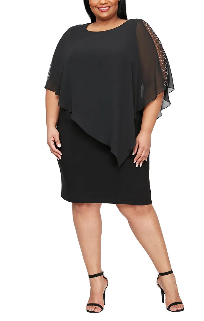 Plus - Jersey Sheath Dress with Asymmetric Chiffon Capelet with Embellished Illusion Panel