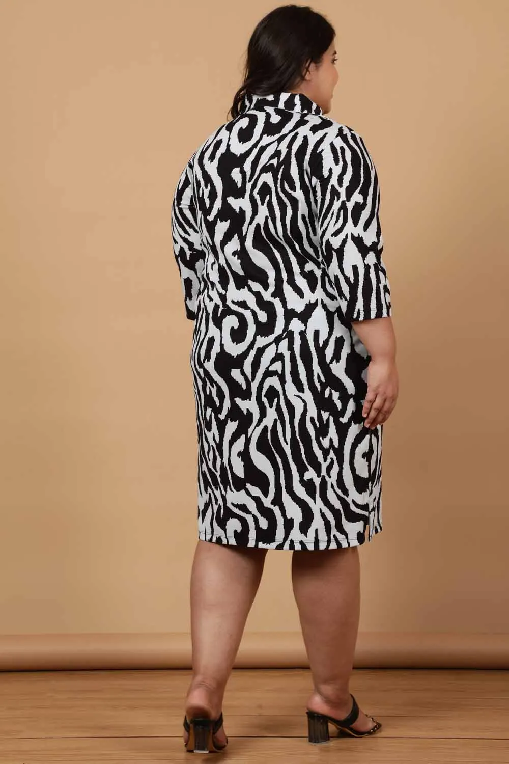 Plus Size Black White Printed Shirt Dress