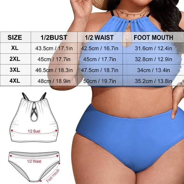 #Plus Size Halter Bikini-Custom Face Hawaiian Plus Size Swimsuit High Neck Cutout High Waisted Bikini Personalized Women's Two Piece Swimsuit Beach Outfits