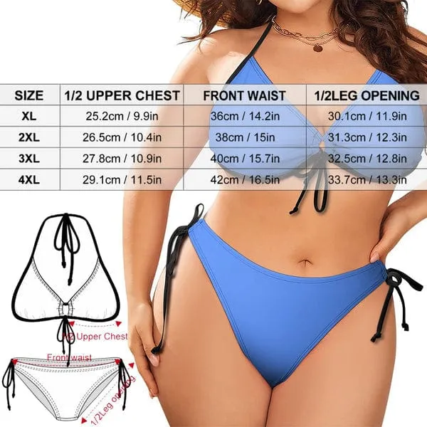 #Plus Size Halter Trikini-Custom Face American Flag Plus Size Swimsuit String Link Halter Tie Side Low Waisted Triangle Bikini Personalized Bathing Suit