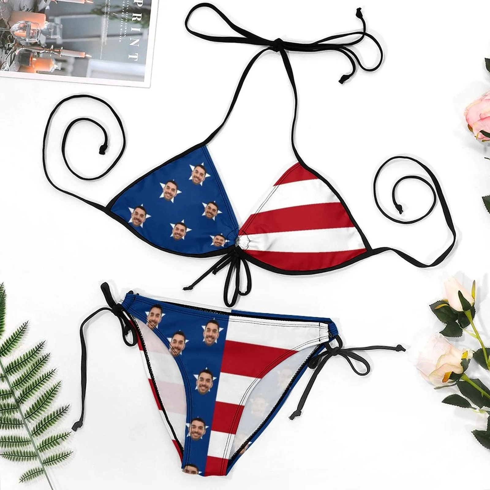 #Plus Size Halter Trikini-Custom Face American Flag Plus Size Swimsuit String Link Halter Tie Side Low Waisted Triangle Bikini Personalized Bathing Suit