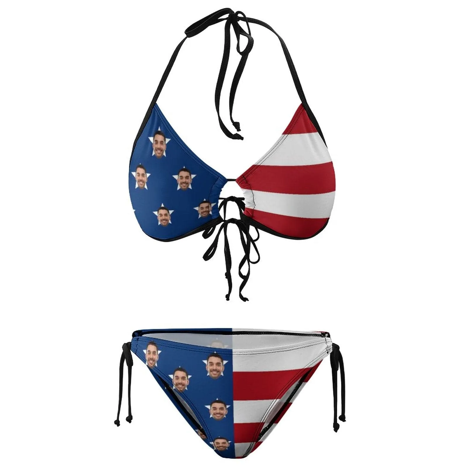 #Plus Size Halter Trikini-Custom Face American Flag Plus Size Swimsuit String Link Halter Tie Side Low Waisted Triangle Bikini Personalized Bathing Suit