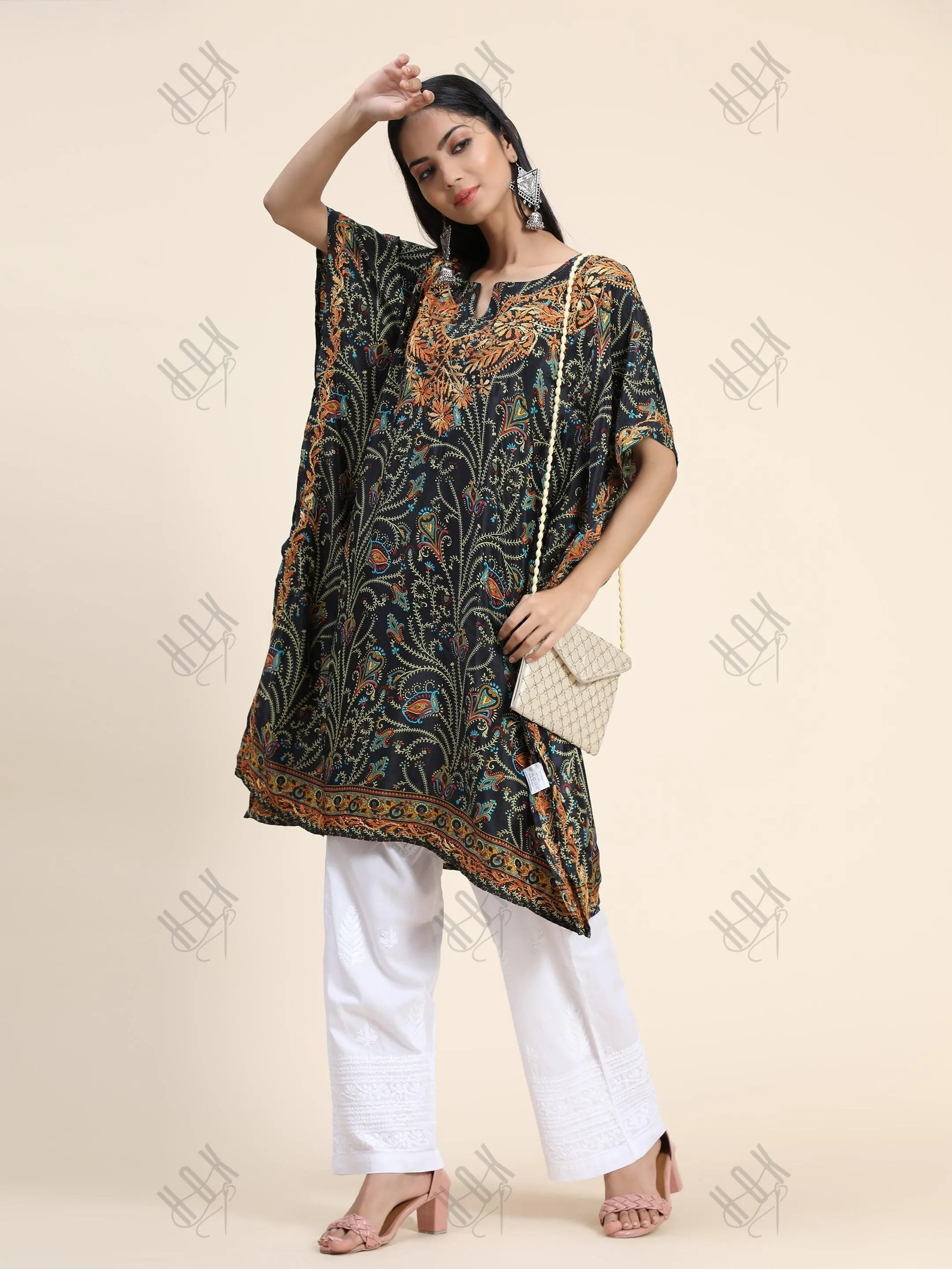 Premium Hand Embroidery Chikankari PolySilk Kaftan Topwear for Women