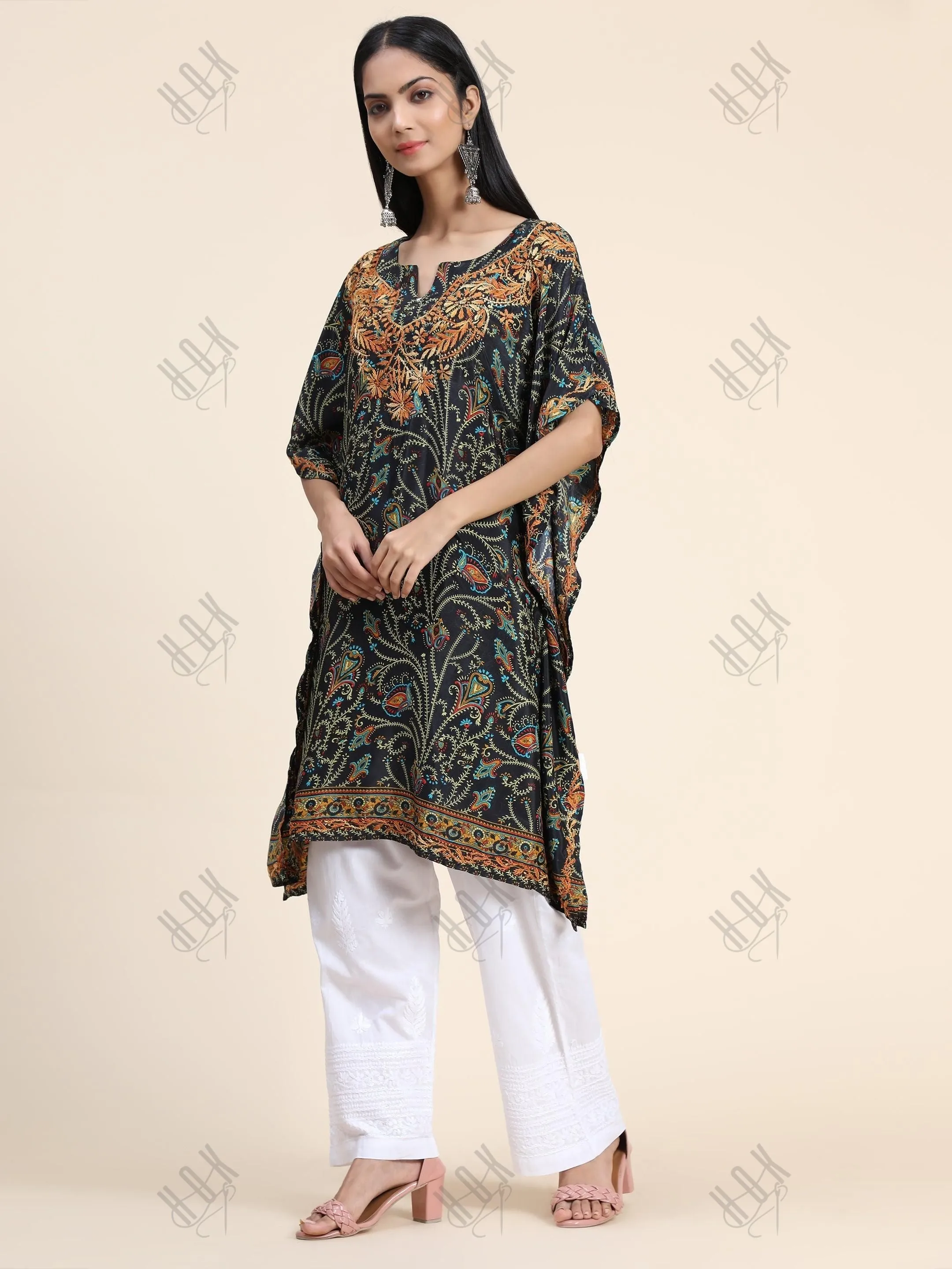 Premium Hand Embroidery Chikankari PolySilk Kaftan Topwear for Women