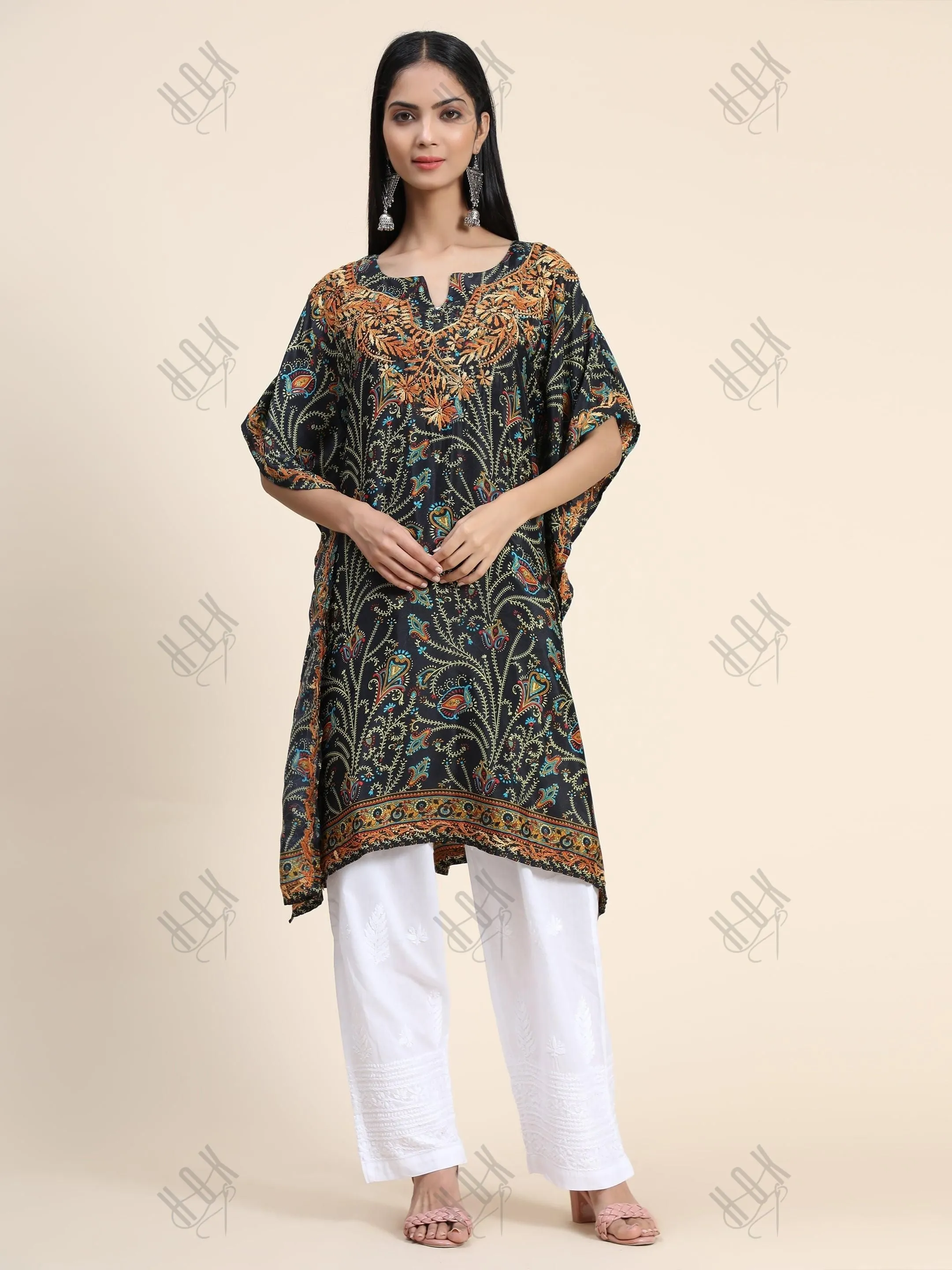 Premium Hand Embroidery Chikankari PolySilk Kaftan Topwear for Women