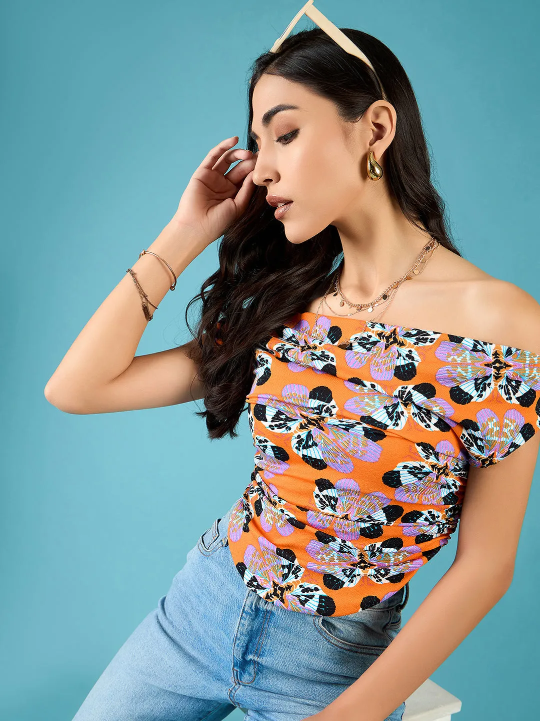 Printed Cotton Stretchable Draped Crop Top