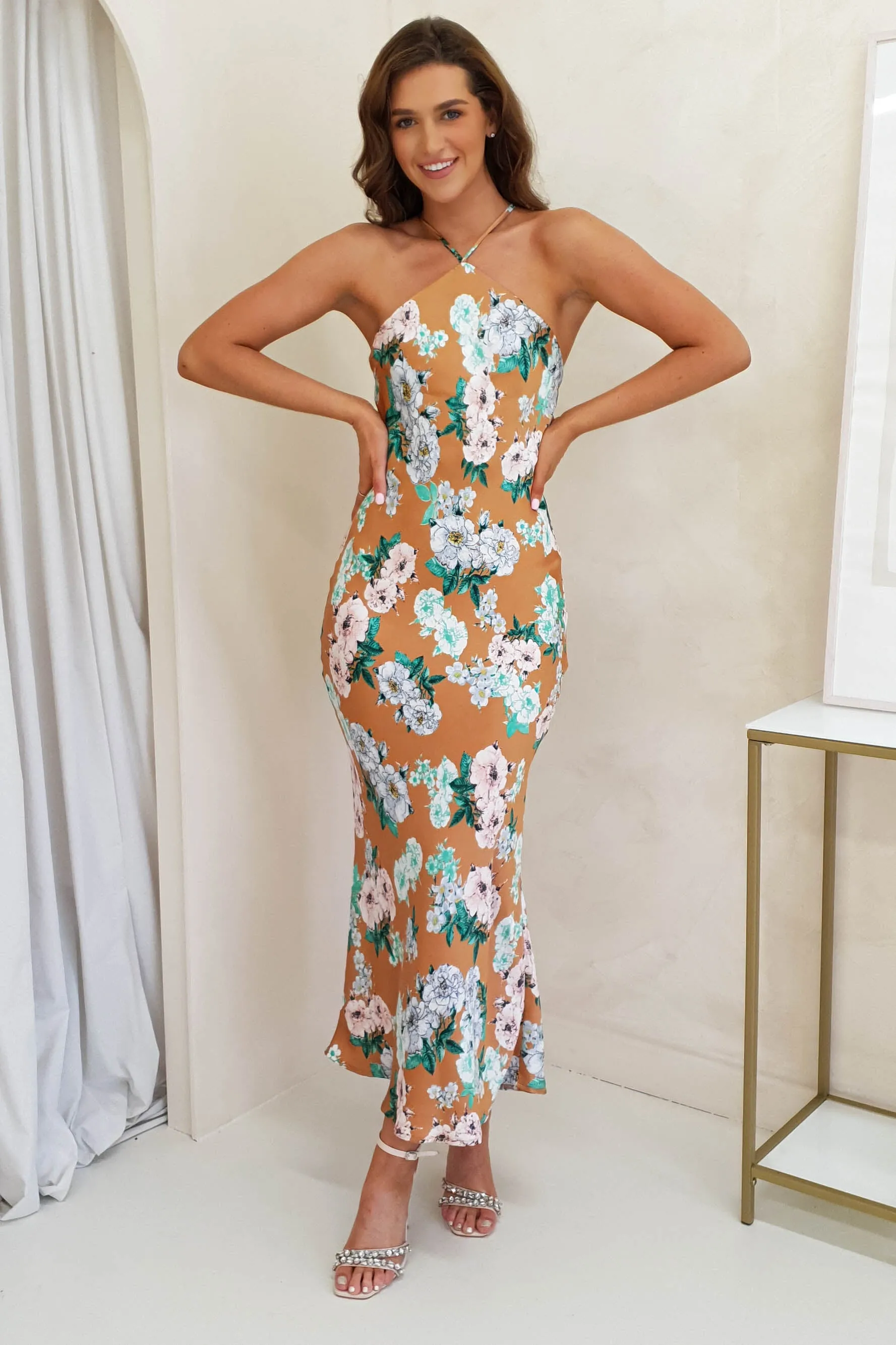 Provence Halter Nect Midi Dress | Orange Print