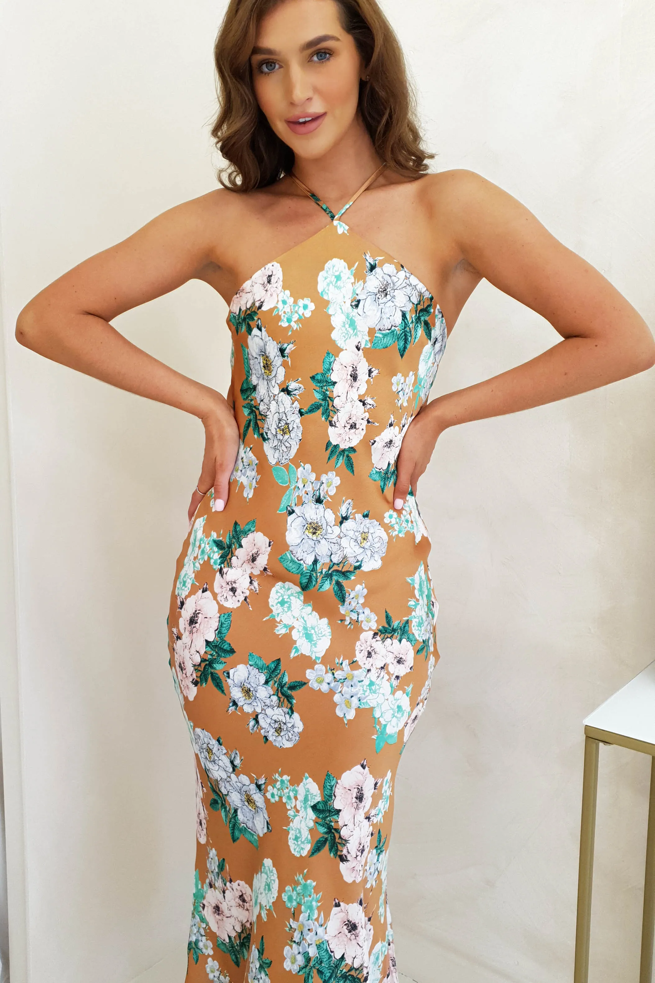 Provence Halter Nect Midi Dress | Orange Print