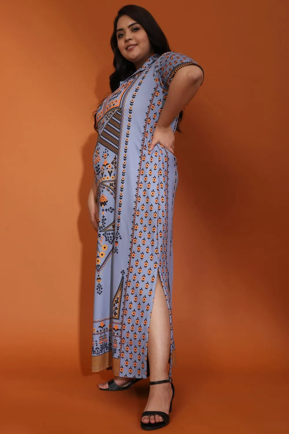 Raabta Indian Ethnic Print Grey Long Dress With Side Slit