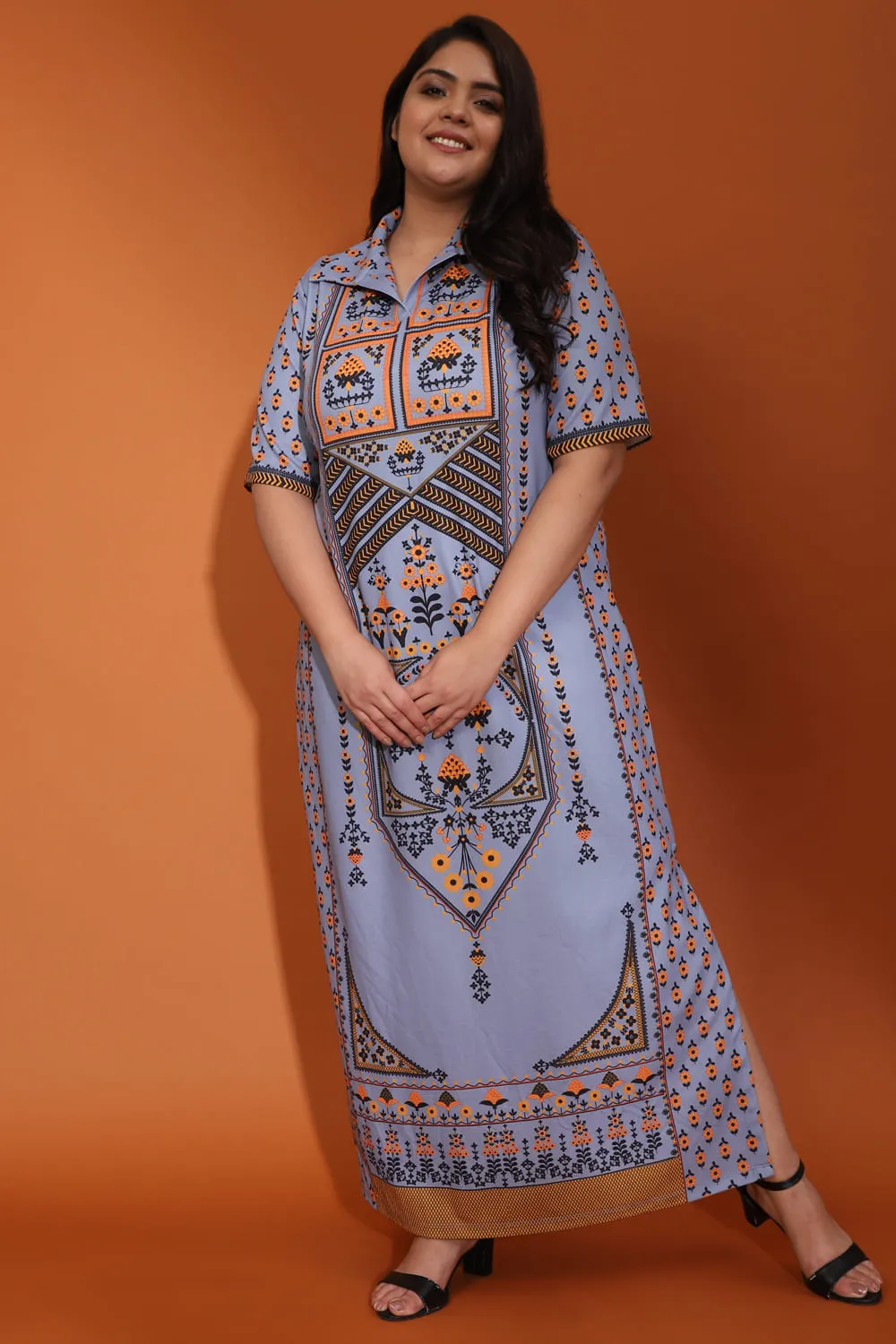 Raabta Indian Ethnic Print Grey Long Dress With Side Slit