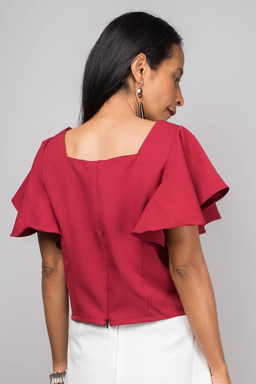 Red top, Short sleeved red top, red tunic, Crop top, Ruffle sleeve top, Elegant red top