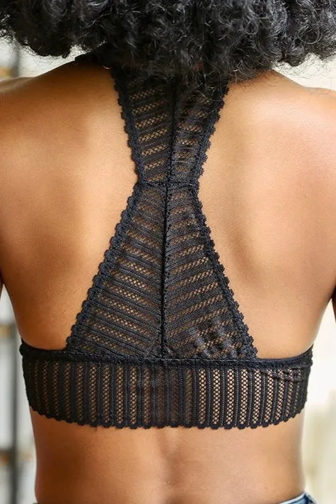 Ribbed Lace Boho Racerback Bralette- Black