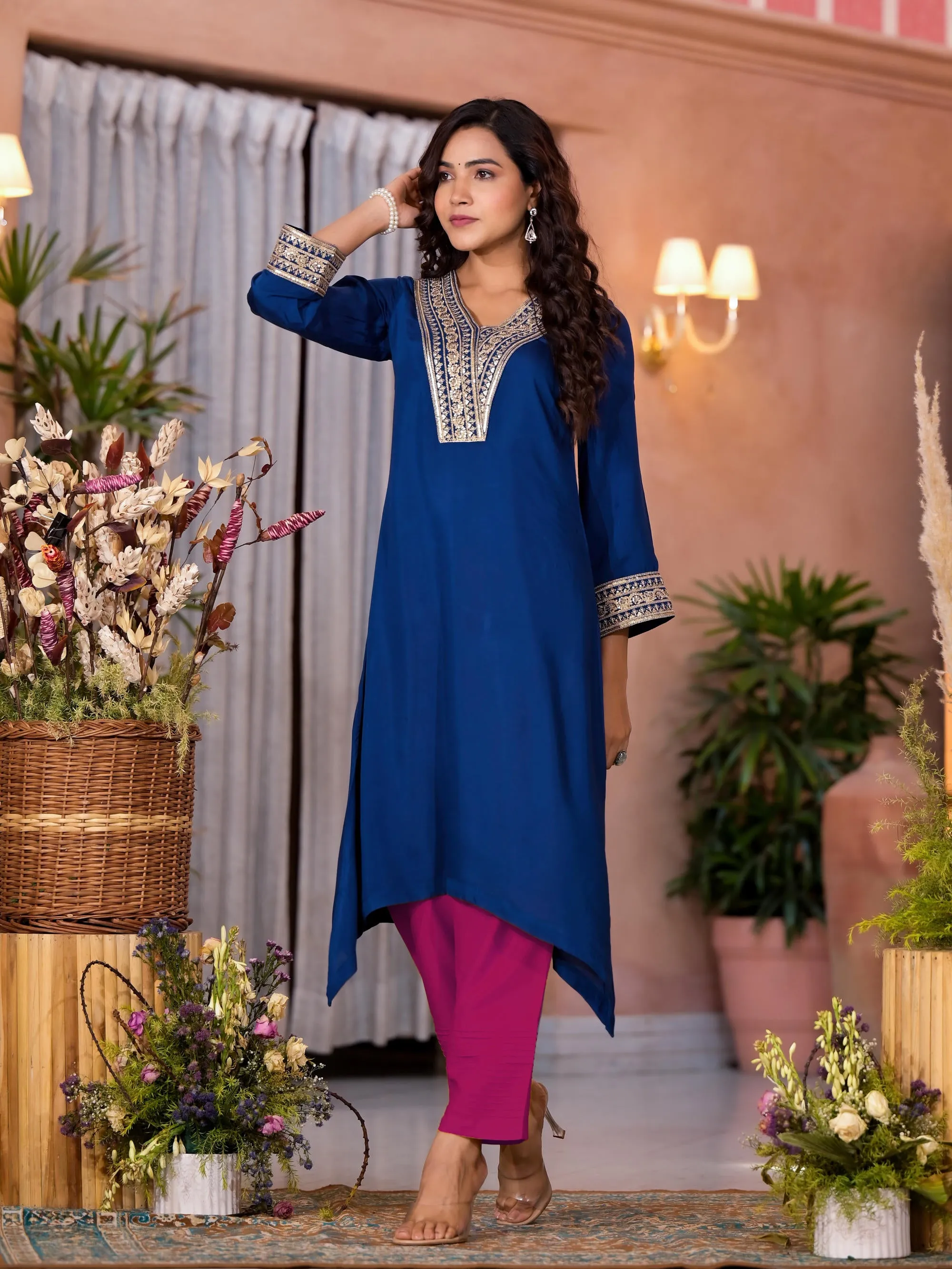 Royal Blue Zari Embroidered Viscose Kurta & Pant Set With Sequins