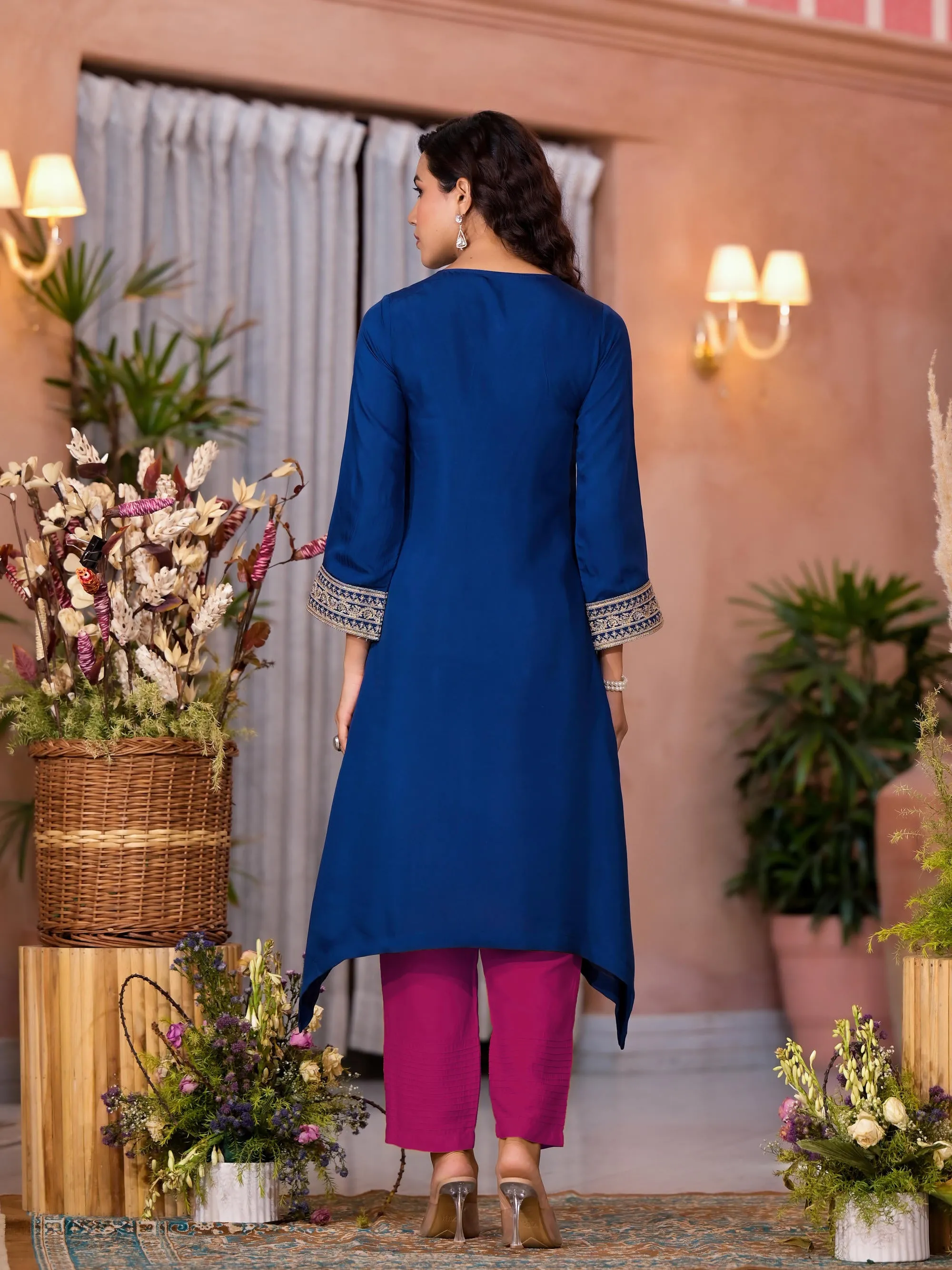 Royal Blue Zari Embroidered Viscose Kurta & Pant Set With Sequins