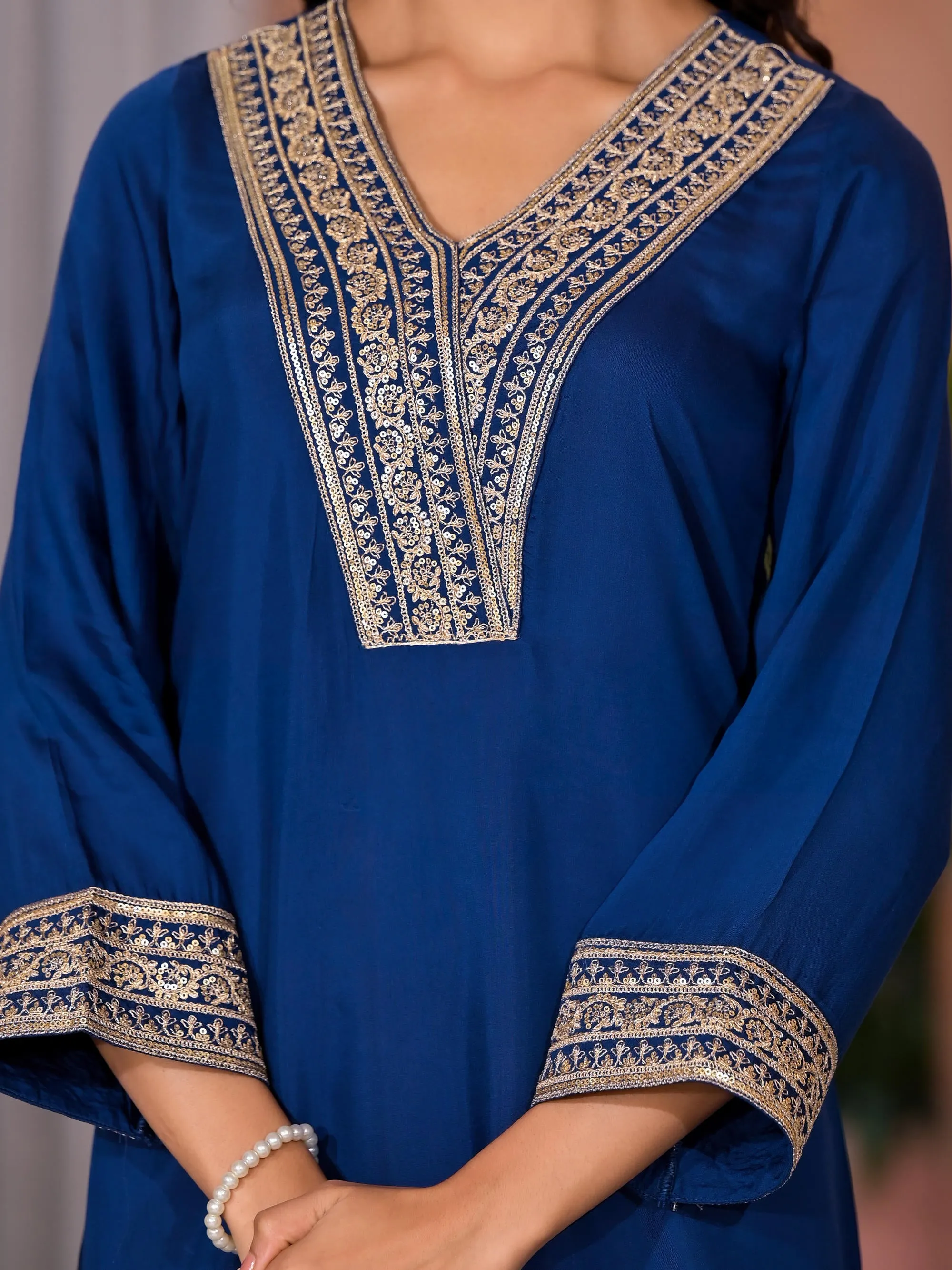 Royal Blue Zari Embroidered Viscose Kurta & Pant Set With Sequins