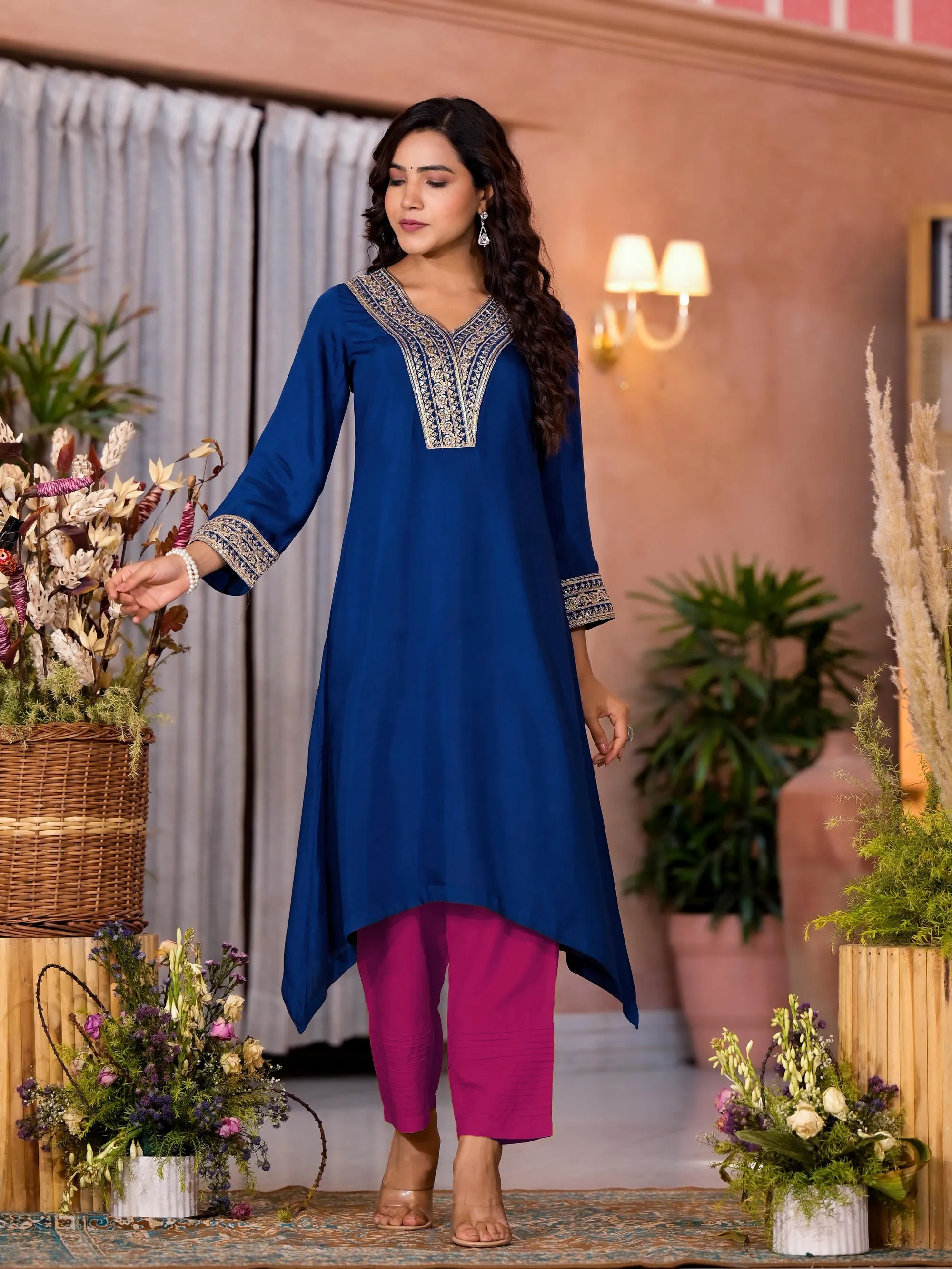 Royal Blue Zari Embroidered Viscose Kurta & Pant Set With Sequins