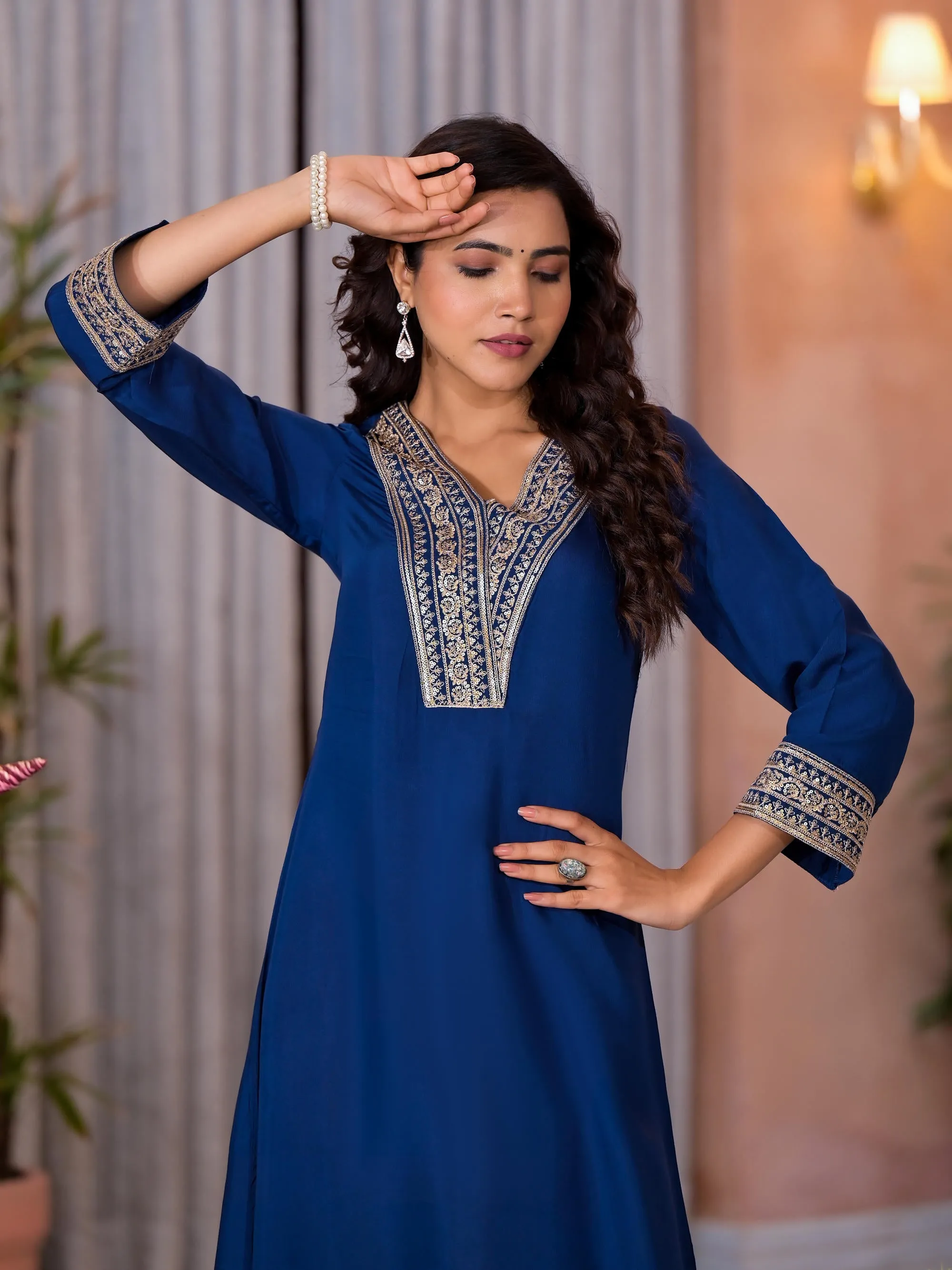 Royal Blue Zari Embroidered Viscose Kurta & Pant Set With Sequins