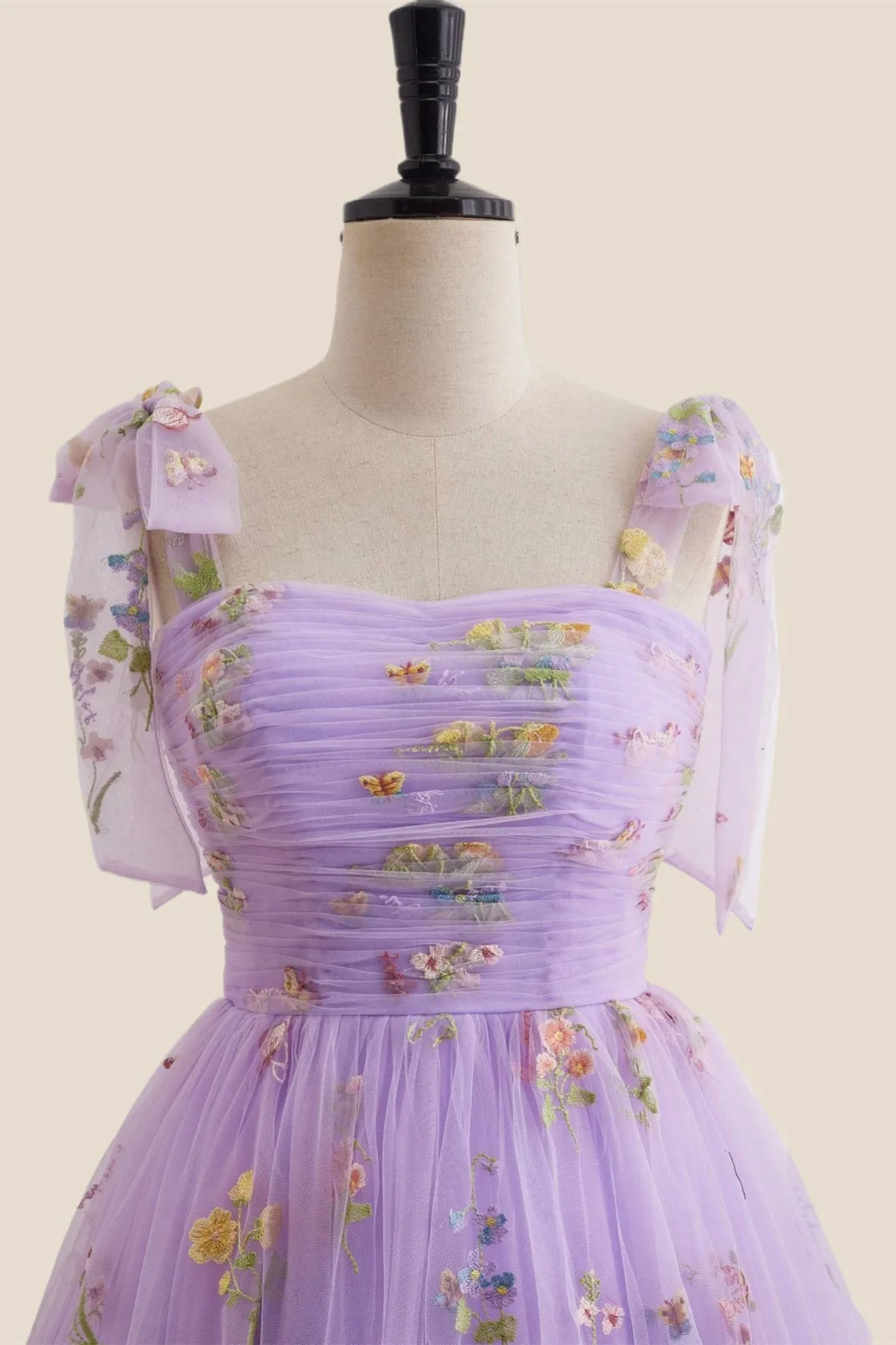 Straps Lavender Floral Ruched Tulle Short Dress